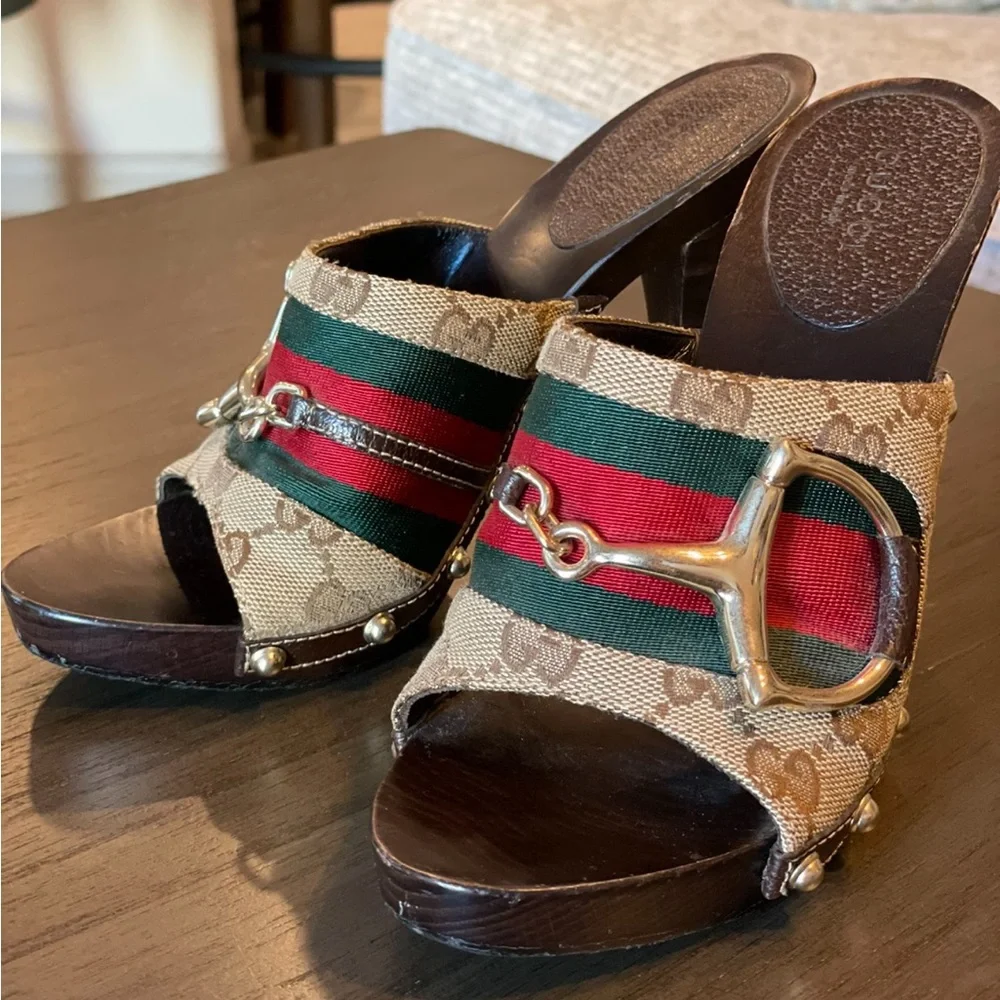 GUCCI Signature Web Horsebit Clog Heel Sandals 5.5 - Picture 3 of 7